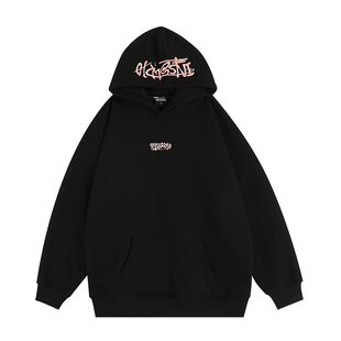 INSstudios 国潮牌情侣美式手写刺绣LOGO连帽卫衣宽松加绒帽衫男