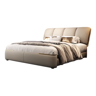 高端大气奶油风现代简约轻奢小象耳朵头层真牛皮大床高端卧室主卧