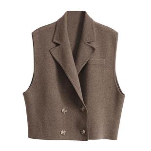 APCSHOP精选推荐 针织开衫翻领马甲背心女士外穿时尚坎肩外搭短款