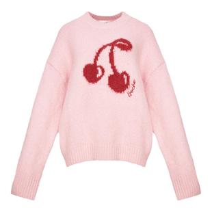 Kroche 撞色樱桃提花宽松圆领粉色套头毛衣新年秋冬