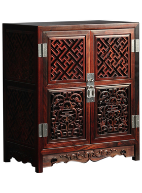 老挝大红酸枝镂空收纳柜桌面摆件