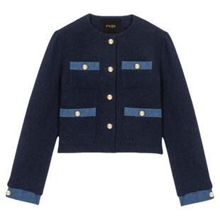 Maje2026春季新款女装法式时尚撞色牛仔镶边金扣装饰短款夹克外套