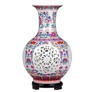 景德镇陶瓷花瓶摆件客厅插花粉彩镂空瓷器现代中式家居酒柜装饰品