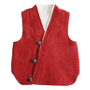 儿童加绒套装宝宝秋冬装中国风男女童外穿加厚拜年马甲长裤两件套