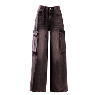 加绒牛仔裤女冬季黑红色流行爆款美式裤子2025新款直筒工装阔腿裤