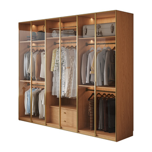 定制橡木实木衣柜一门到顶玻璃柜门卧室家用原木风储物六门大衣橱