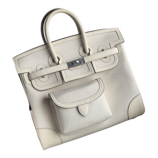 定制bk25银扣Cargo帆布拼Swift牛皮铂金包手提包女款I2Nata奶油白