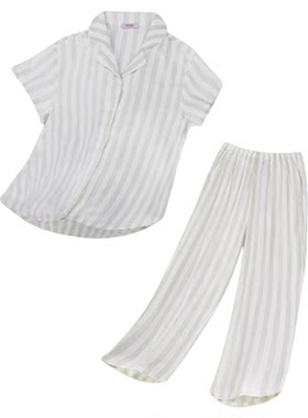 Bonny/博尼睡衣男女条纹套装短袖翻领蓝色情侣夏新款凉感家居服
