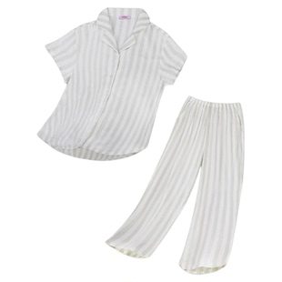 Bonny/博尼睡衣男女条纹套装短袖翻领蓝色情侣夏新款凉感家居服