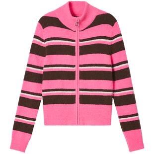 ToyzY2024年冬季新款粉咖撞色条纹圈圈纱羊毛针织外套女立领毛衣