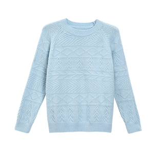 gugumini童装2025冬女童流行色浅蓝色绞花100%全羊毛亲肤套头毛衣