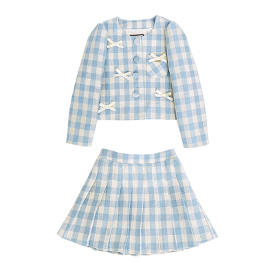 小童木清新蓝白格女童小香风套装