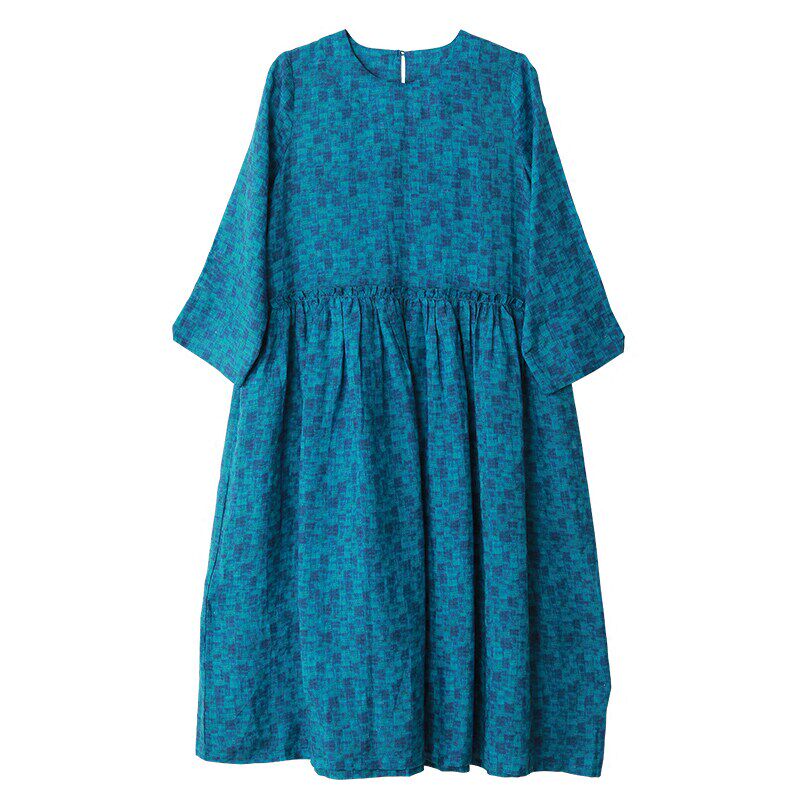 春夏季印花裙子女 文艺复古中长裙苎麻高腰圆领套头七分袖连衣裙