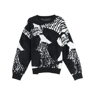 西町村屋毛衣女2023冬季轻潮花朵仿貂提花针织圆领上衣AD8104238