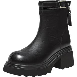 百思图2025冬季新款通勤圆头粗跟女短靴厚底增高马丁靴F2012DD5