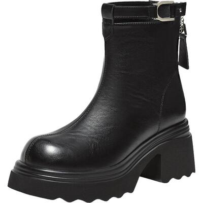 百思图冬季新款通勤圆头粗跟女短靴厚底增高马丁靴F2012DD5