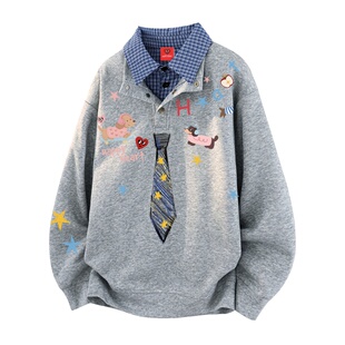 查尔斯桃心美式衬衫领假两件卫衣男女秋冬季小狗印花百搭情侣上衣