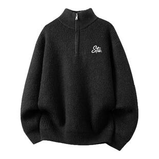 STA冬季休闲半拉链立领毛衣男黑色宽松潮牌针织衫秋冬新款上衣