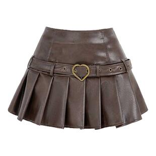 甜酷辣妹半身裙女春秋新款百搭高腰a字PU皮裙百褶裙小个子短裙子