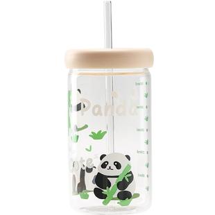 畹町熊猫果茶杯大容量刻度带盖吸管玻璃水杯耐冷热果汁杯子保温杯