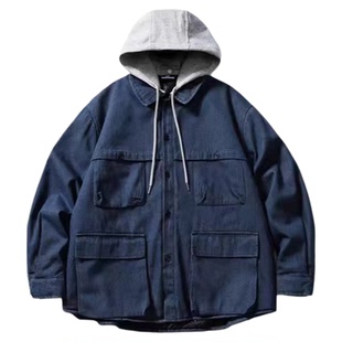 Nobodyknows日系假两件可拆卸帽多口袋男女廓形牛仔夹克春祺外套