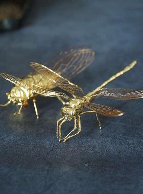苏工纯手工实心铜镀金蜻蜓知了金蝉子摆件居室书房博古架摆件厂价