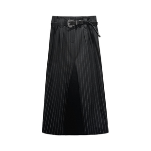 ANNAKIKI半身裙 设计师款女装小众 黑白条纹复古皮带装饰条纹半裙