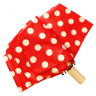 ins可爱复古木柄波点三折叠手开加大8骨小清新晴雨伞学生日系雨伞