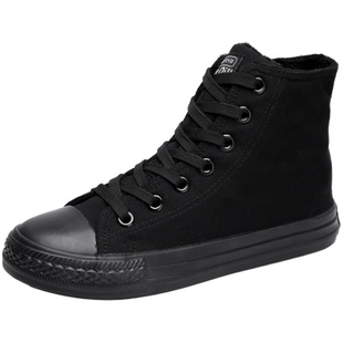 全黑色高帮纯黑帆布鞋女学生鞋板鞋休闲平底单鞋工作鞋球鞋