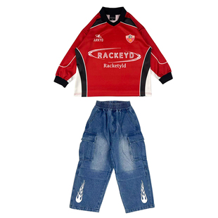 迪克家儿童街舞潮服女童嘻哈风红色长袖牛仔裤子套装hiphop演出服