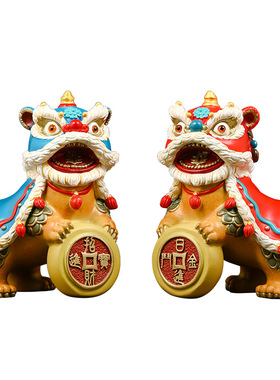 铜醒狮摆件一对开业乔迁礼品