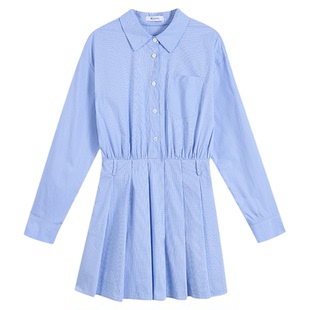 MULVAN 【现货6.5折】蓝色格子衬衫连衣裙女设计感a字短款百褶裙