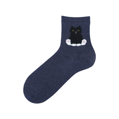 Tabio猫咪袜子女秋冬高弹透气日系百搭潮袜中筒袜黑色小猫设计感