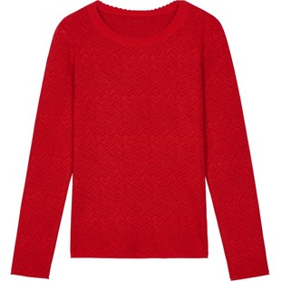 清仓恒源祥女圆领提花针织衫含羊毛波浪领套头衫纯色针织毛衣短款