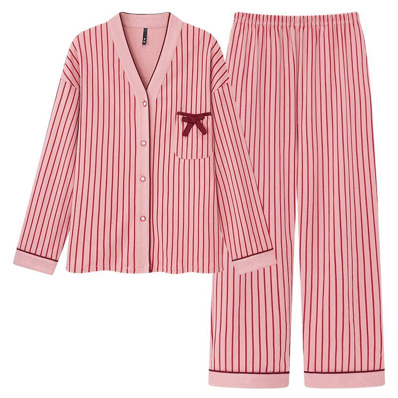 睡衣女士春秋季长袖带胸垫开衫竖条纹可外穿家居服夏冬款两件套装