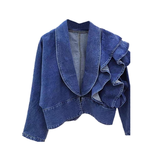法式重工荷叶边蓝色牛仔外套高级感时尚大气修身显瘦V领丹宁上衣
