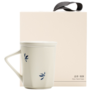 青花蝴蝶兰陶瓷茶水分离杯简约个人专用带盖过滤家用办公室泡茶杯