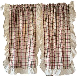 梅里免打孔乡村大格子美式半帘美式厨房窗帘门帘粘贴魔术贴定制