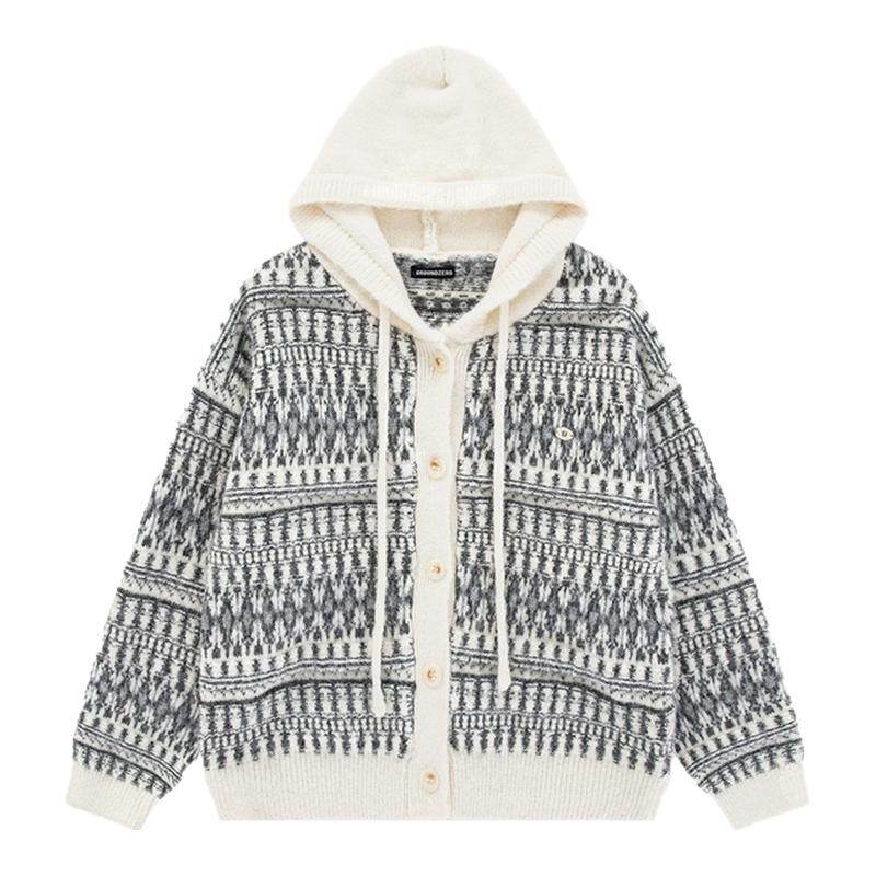 i.t GROUNDZERO韩系2025秋冬杏色连帽撞色长袖毛衣针织开衫女