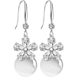 S925纯银猫眼石耳环女气质韩国珍珠耳坠流苏长款个性简约水晶耳钉