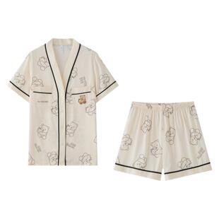 情侣睡衣女夏季冰丝薄款短袖短裤可爱小熊男款凉感家居服两件套装
