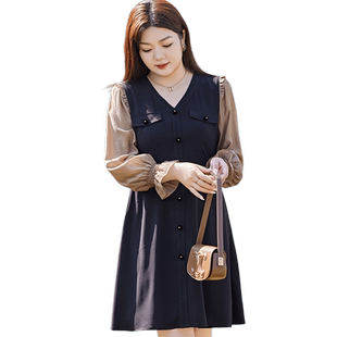 2026秋装新款法式气质V领收腰显瘦大码胖MM长袖拼接连衣裙短款