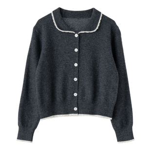 儿童小香风100纯山羊绒开衫娃娃领针织衫秋冬毛线衣女童毛衣外套