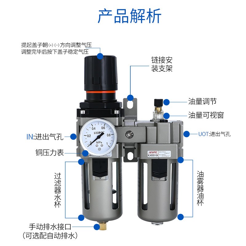 油水分离器一二三气动AW2000-02二联件AW3000AW4000一06D自动排水