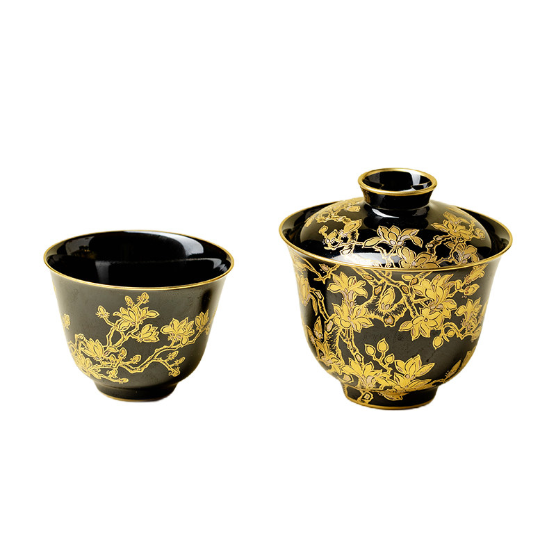 梵汝灵玺贡坊黑地纯金彩玉兰花盖碗景德镇高端陶瓷茶杯主人杯茶具