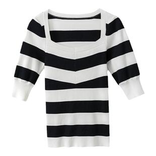 现货~海魂 巴黎画报女主 重磅真丝天丝混纺黑白条纹针织短袖T恤女