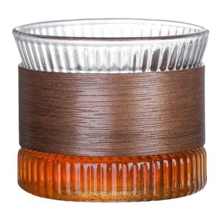 耐热玻璃杯咖啡杯木环隔热玻璃杯2只装锤纹杯竖纹杯170ml玻璃茶杯