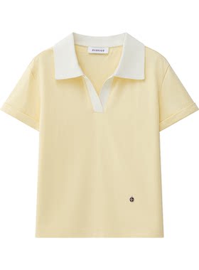 羊织道天河 polo领撞色短袖T恤女夏季薄款宽松休闲百搭纯棉上衣