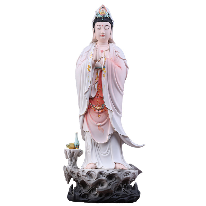 戴玉堂陶瓷《立岩合掌观音 红韵彩》家用佛像供奉摆件观世音菩萨
