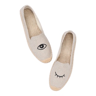 可爱风眼睛刺绣亚麻渔夫鞋女一脚蹬懒人鞋草编麻底透气百搭单鞋女